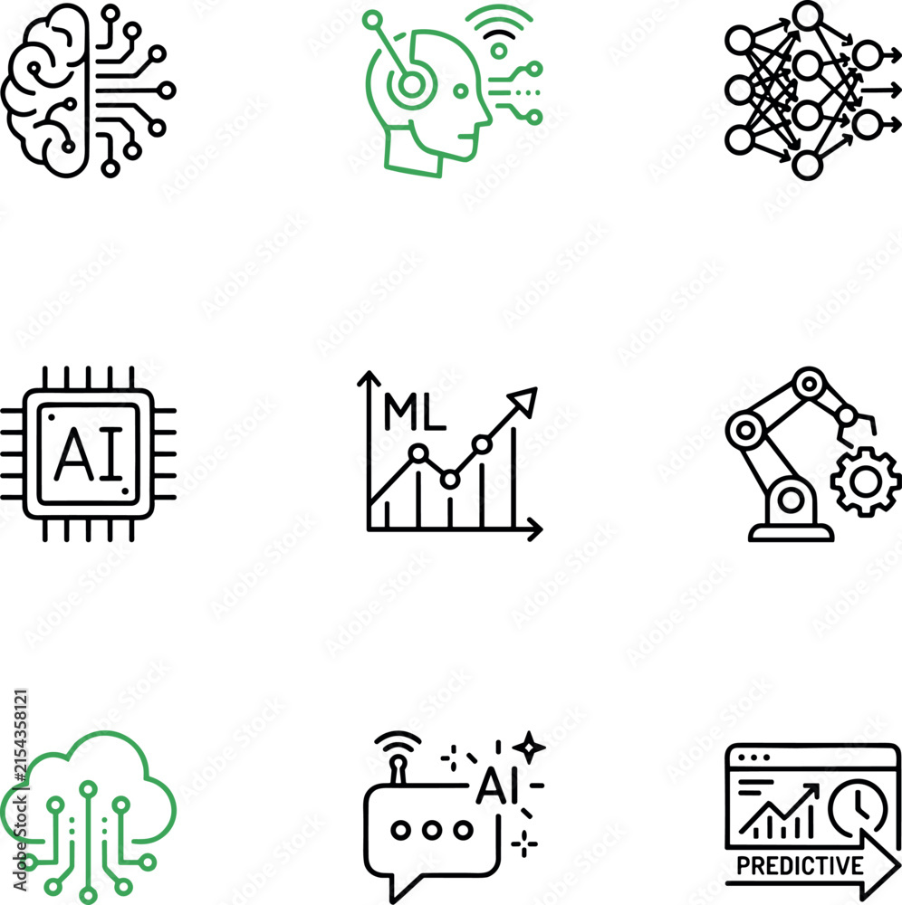 Fototapeta premium Artificial Intelligence Icon Set with AI Technology, Machine Learning, Robotics, Neural Network, Cloud Computing, Analytics, and Digital Innovation Symbols