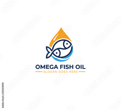 Omega Fish Oil Logo With Twin Fish And Oil Drop Symbol For Marine Nutrition, Omega Supplement, Seafood, Wellness, Health Care, Pharmacy, Organic Brand Emblem, Badge and Template Design
