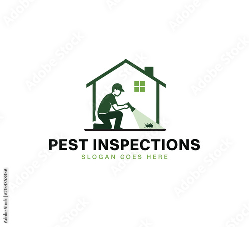Pest Inspection Logo With Exterminator Technician And House Symbol For Residential Pest Control, Termite Treatment, Insect Removal, Property Protection, Maintenance And Service Branding