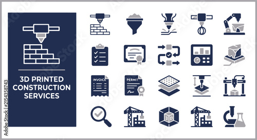Vector icon set illustrating additive manufacturing and modern 3D printed building technology for the industrial construction and architecture sector