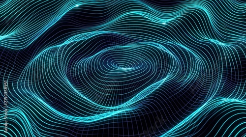 abstract 3D digital background featuring a dark mesh grid with undulating turquoise and cyan waves, creating a futuristic cyberspace landscape with glowing particle highlights.