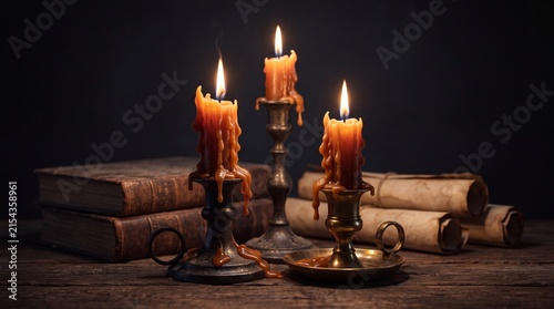Antique Wrought Iron Candlesticks with Dripping Burnt Orange Wax