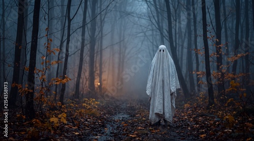 Minimalist White Sheet Ghost Standing in Foggy Autumn Forest