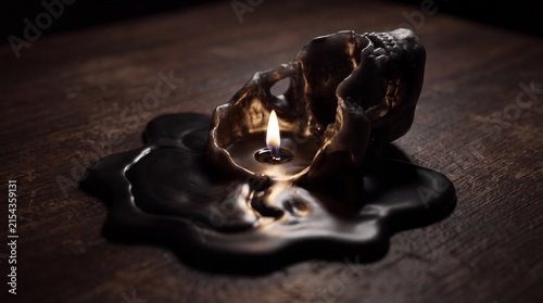Realistic Skull Candle Melting Black Wax on Dark Wooden Surface