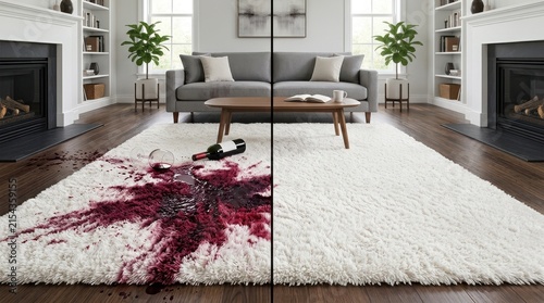 Spilled Red Wine Mess on White Shaggy Rug Before and After Cleaning