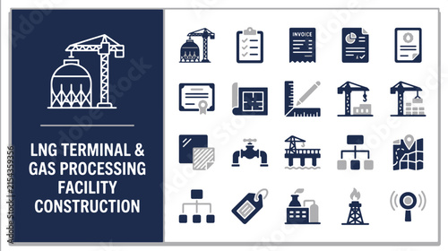 LNG Terminal and Natural Gas Processing Plant Construction Icon Set