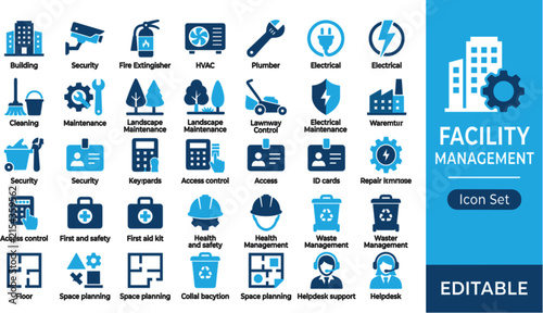  Facility management vector icon set featuring building maintenance cleaning safety security electrical hvac plumbing landscaping corporate operation presentation