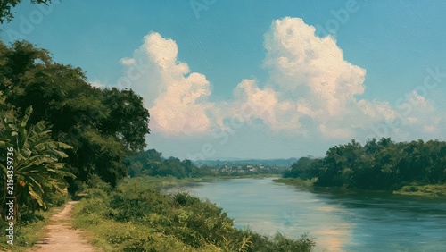 Obraz na płótnie 大きな積雲と緑の大河 油彩タッチの夏の自然風景