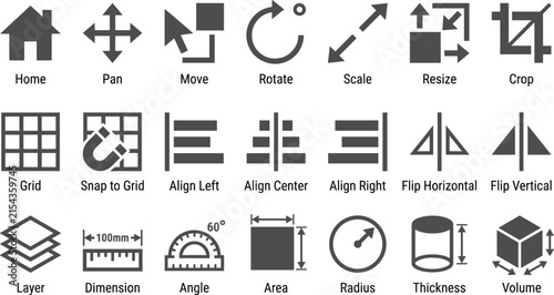 Graphic design tools icon set representing vector editing alignment measurement layout architecture and software workspace toolbar illustration