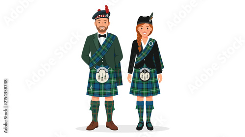 Scottish couple wearing traditional tartan kilts.