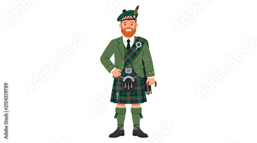 Scottish man wearing traditional kilt and bagpipes costume