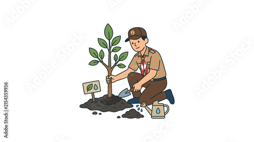 Scout kneeling to plant a young tree.