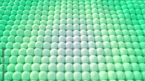 Abstract 3D rendering of soft green and white spheres pulsating in a gentle wave motion. Modern clean geometric background surface with smooth animation, perfect for seamless loop video backgrounds, m