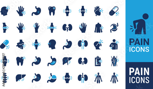 Medical pain icons set representing human body ache sickness inflammation injury disease and healthcare symptoms vector illustration