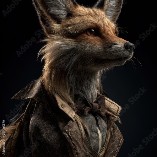 Anthropomorphic Fox Fashion Photo in Victorian Suit with Bow Tie, Studio Portrait