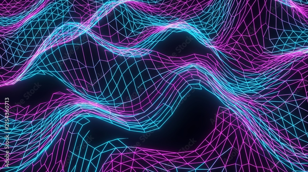 Obraz premium futuristic digital landscape featuring a complex wireframe mesh creating undulating wave patterns in glowing pink and cyan neon light against a dark background.