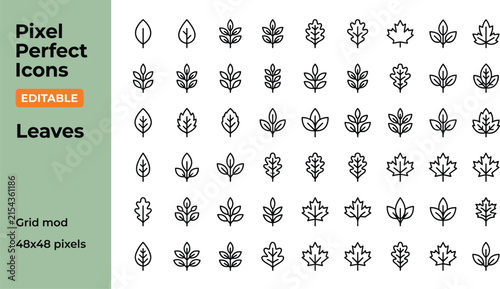  Minimal leaf line icon set featuring pixel perfect nature foliage editable stroke symbols for eco website graphic design vector