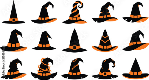 Collection of various black witch hats with orange ribbons isolated on a white background for halloween design projects