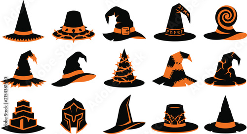 Collection of various decorative witch hats for halloween celebration isolated on a plain white background for design