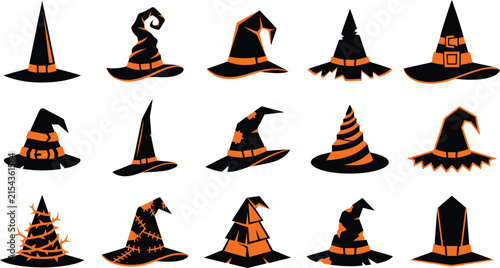 Set of various artistic witch hat illustrations isolated on a white background for halloween themed graphic design projects