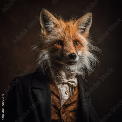Anthropomorphic fox dressed in vintage clothing with a sophisticated and humorous portrait style