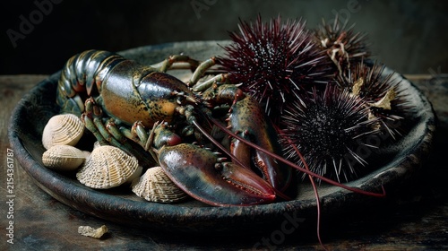 Assorted raw seafood platter with whole lobster sea urchin clams
