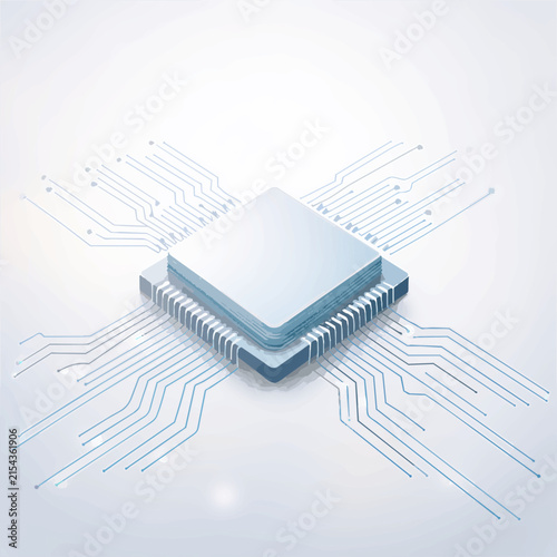 Isometric blue computer processor chip with electronic circuit lines for technology concepts