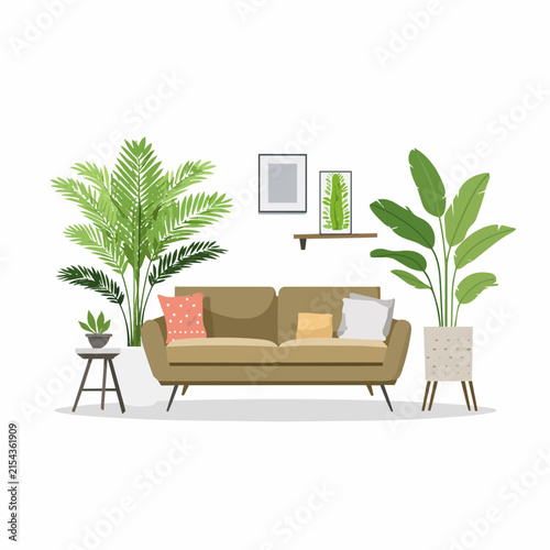 Cozy modern living room interior with tan sofa and lush green indoor plants for home decoration