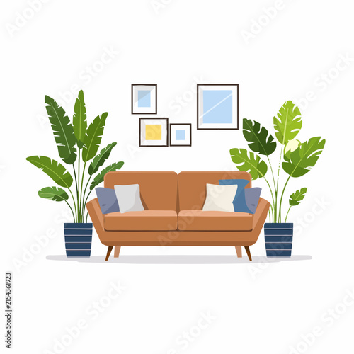 Modern living room interior illustration with brown sofa, green plants, and wall art frames