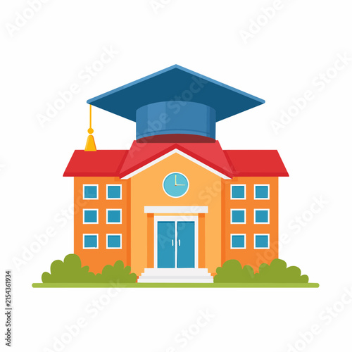 Colorful school building illustration with a graduation cap symbolizing academic success