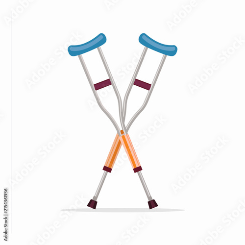 Pair of aluminum walking crutches with blue armrests for leg injury recovery and rehabilitation