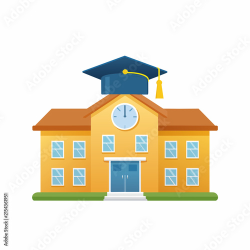 Yellow school building wearing a graduation mortarboard cap symbolizing academic achievement
