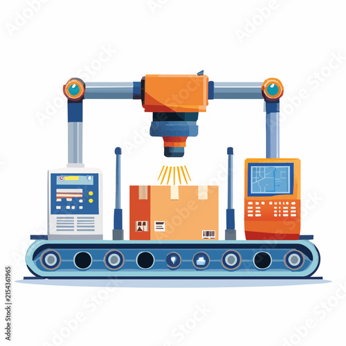 Industrial robotic arm scanning shipping box on conveyor belt for smart factory logistics