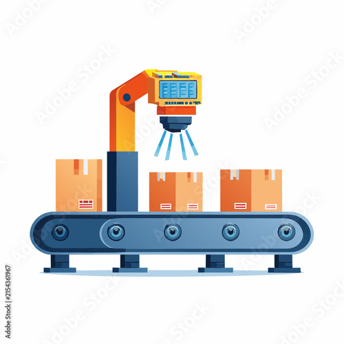Automated robotic arm scanning cardboard boxes on a conveyor belt in a smart factory