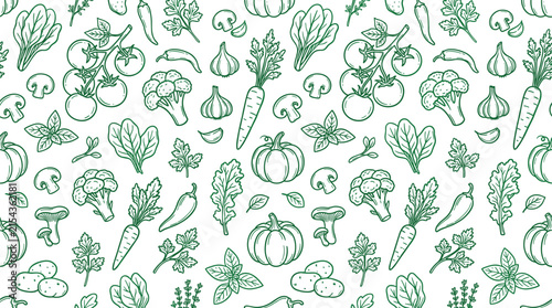  Organic fresh vegetables seamless pattern featuring hand drawn outline vector icons of healthy raw food for packaging design
