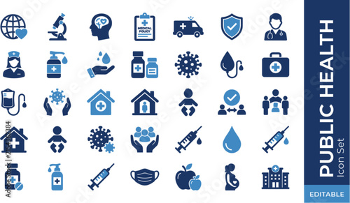  Public health and medical prevention flat glyph icon set for healthcare clinic policy website interface and mobile application design