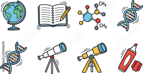  Science and school education hand drawn doodle icon set featuring telescope globe molecule dna helix notebook marker vector