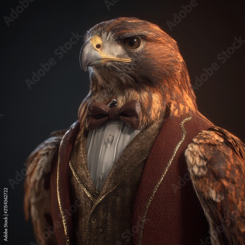 Elegant bird of prey dressed in formal attire with bow tie, waistcoat, and tailored vest, captivating and sophisticated portrait
