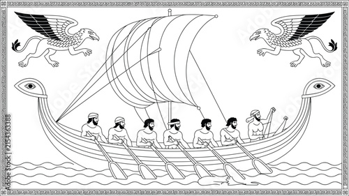 Foto Ancient Greek galley galley ship vector illustration featuring rowers sailing on