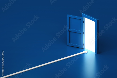 3D white arrow moving through open door with bright glowing light in isometric view. Minimalist opportunity concept suited for new entrance beginning or career path exploration illustration