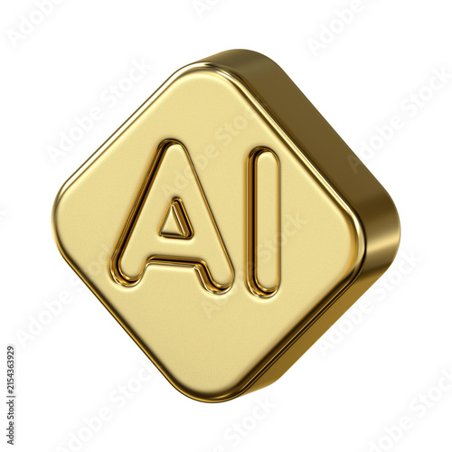 Golden AI artificial intelligence icon in glossy metallic style for smart technology, luxury diamond symbol designed for machine learning, algorithm, and future tech
