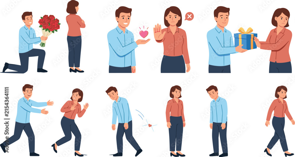 Obraz premium Man Facing Love Rejection and Unrequited Feelings from a Woman Vector Character Set for Relationship Breakup and Psychology Graphic Designs