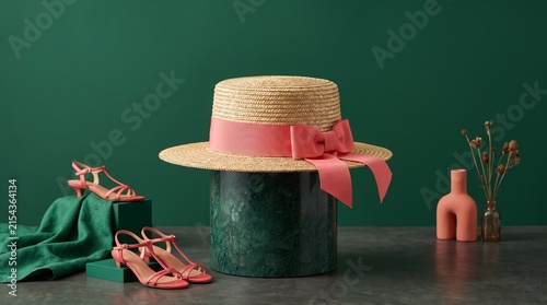 Straw boater hat with coral ribbon and sandals on green background.