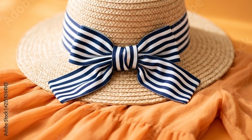 Straw sun hat with navy striped bow on orange fabric.