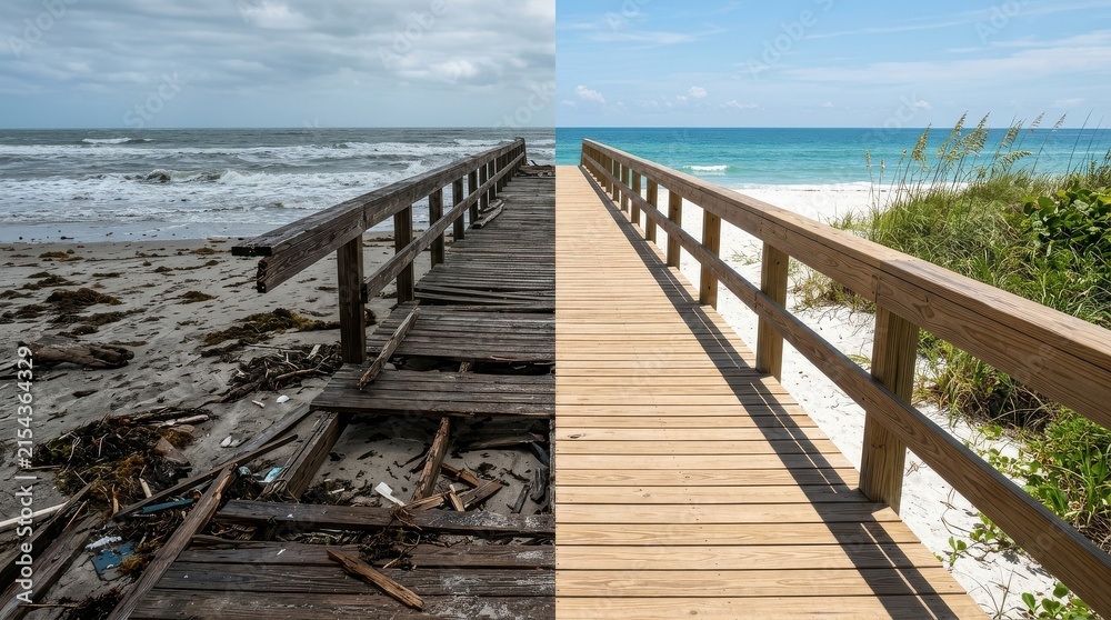 Obraz premium Damaged and Restored Beach Boardwalk Before and After Hurricane