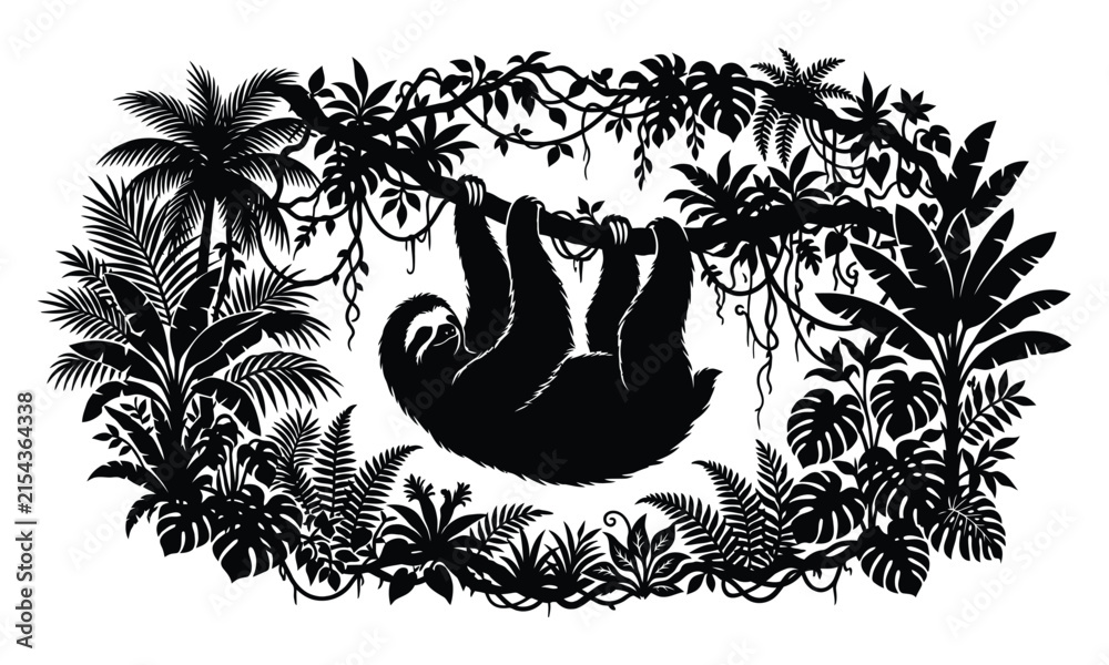 Obraz premium Sloth hanging from tropical jungle tree branch silhouette with silhouette wildlife tropical
