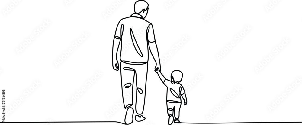 Obraz premium Father and son walking holding hands rear view line art sketch for parenting concepts on white background