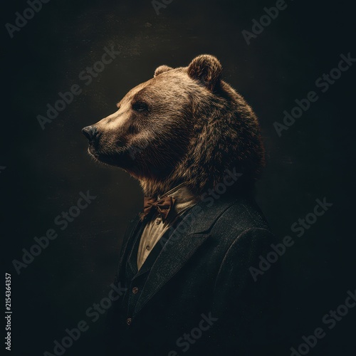 Elegant Bear with Human Body in Formal Suit and Bowtie, Artistic Wildlife Animal Portrait Photography