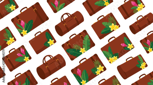 Seamless Pattern with Brown Vintage Suitcases and Duffle Bags Decorated with Tropical Flowers and Palm Leaves for Summer Travel Background Designs