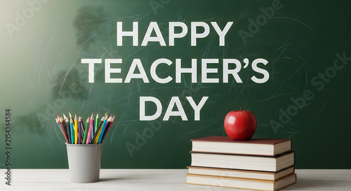Happy teachers day message with books pencils and apple on a green chalkboard background
